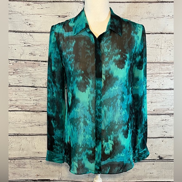 VINCE CAMUTO Sheer Button Down Shirt Teal Blue Green Print-Small - Picture 1 of 2